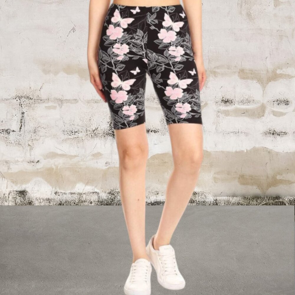 Leggings Depot Women's Biker Shorts Popular Prints in Pink Butterflies Small